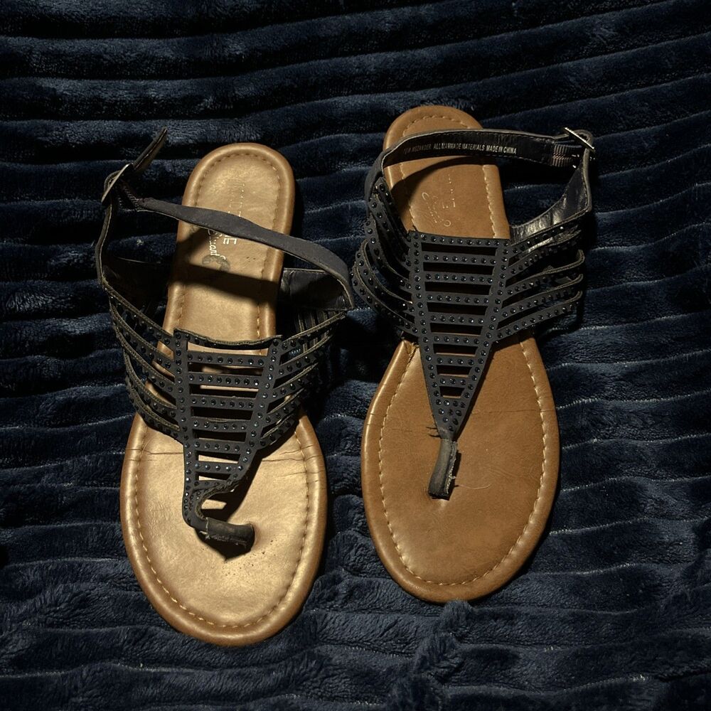 Madeline Stuart Blue Rhinestone Sandals MSZander Evening Party Flats Size 7.5